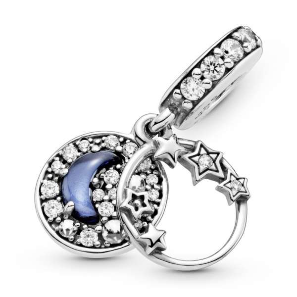 Blue Night Sky Crescent Moon & Stars Dangle Charm 