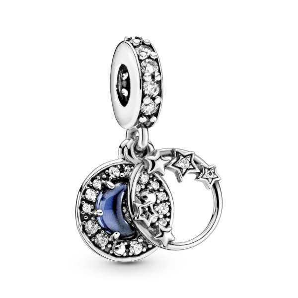 Blue Night Sky Crescent Moon & Stars Dangle Charm 