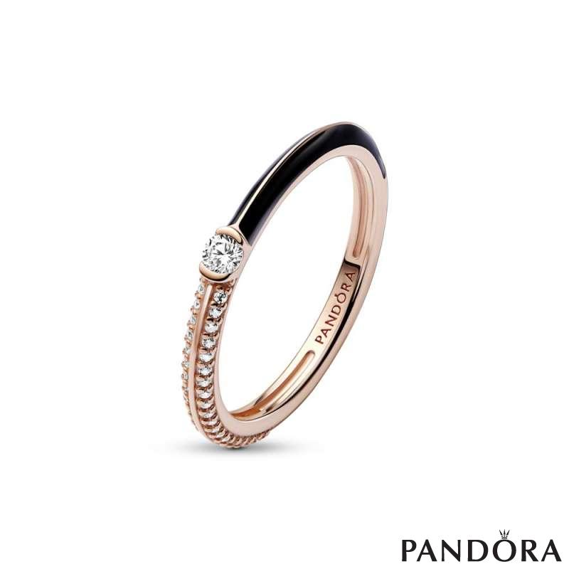 14k Rose gold-plated ring with clear cubic zirconia and black enamel 