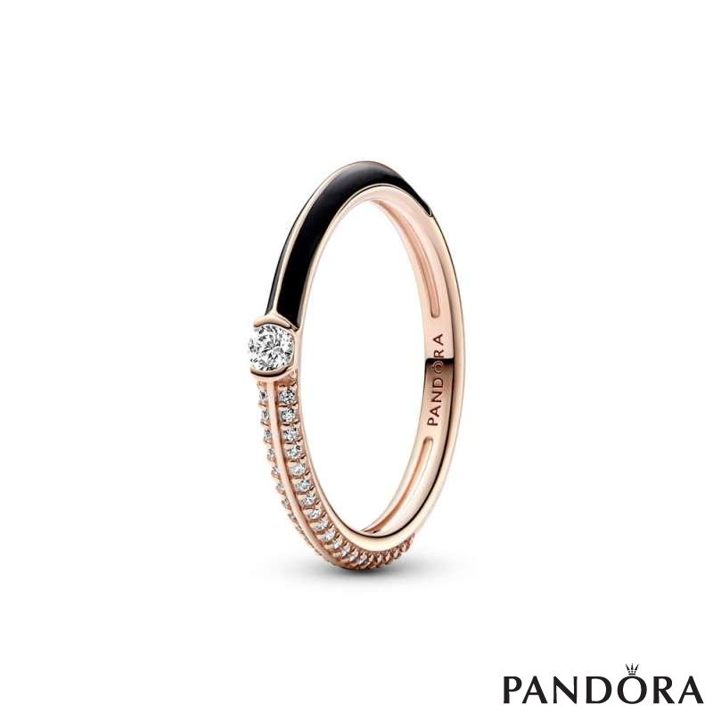 14k Rose gold-plated ring with clear cubic zirconia and black enamel 