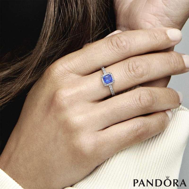 Blue Square Sparkle Halo Ring PANDORA