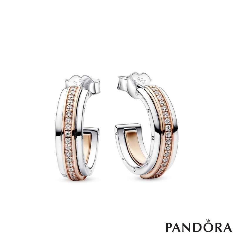 Pandora Signature Two tone Logo & Pavé Hoop Earrings 