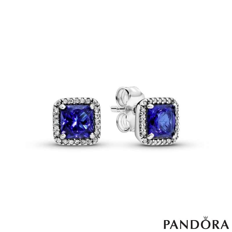 Blue Square Sparkle Halo Stud Earrings PANDORA