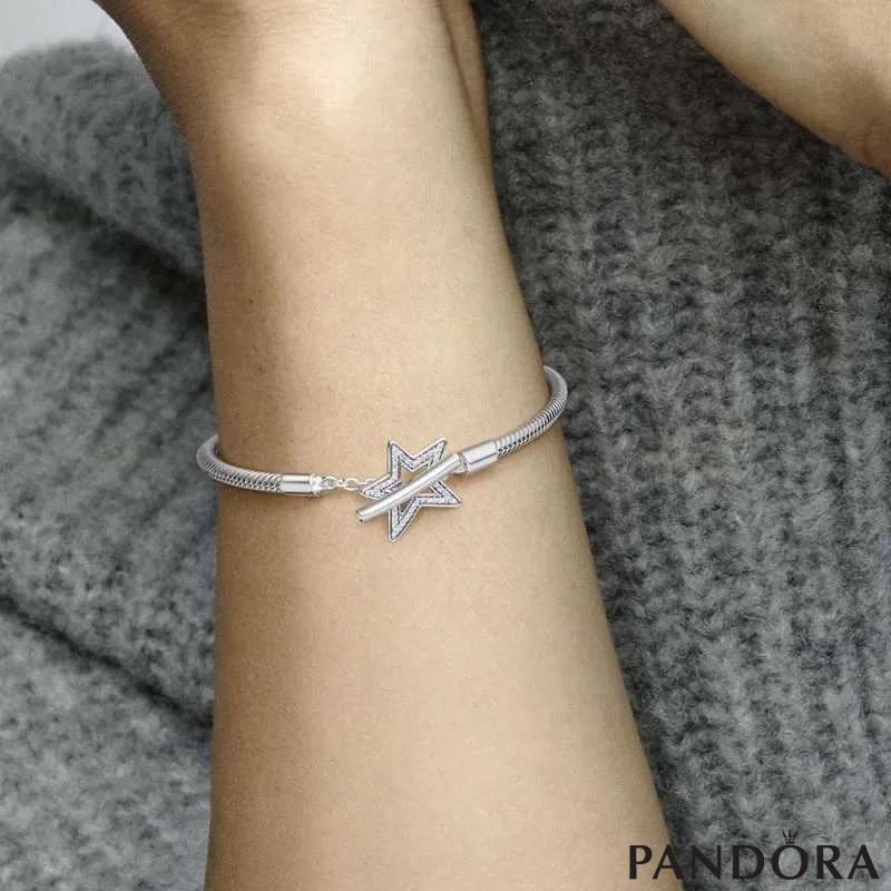 Snake chain sterling silver star toggle bracelet with clear cubic zirconia 