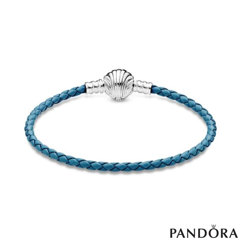 Pandora Moments Seashell Clasp Turquoise Braided Leather Bracelet 