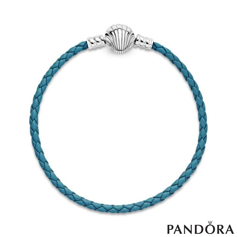 Pandora Moments Seashell Clasp Turquoise Braided Leather Bracelet