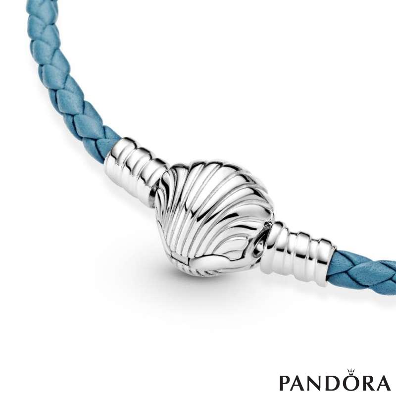 Pandora Moments Seashell Clasp Turquoise Braided Leather Bracelet 