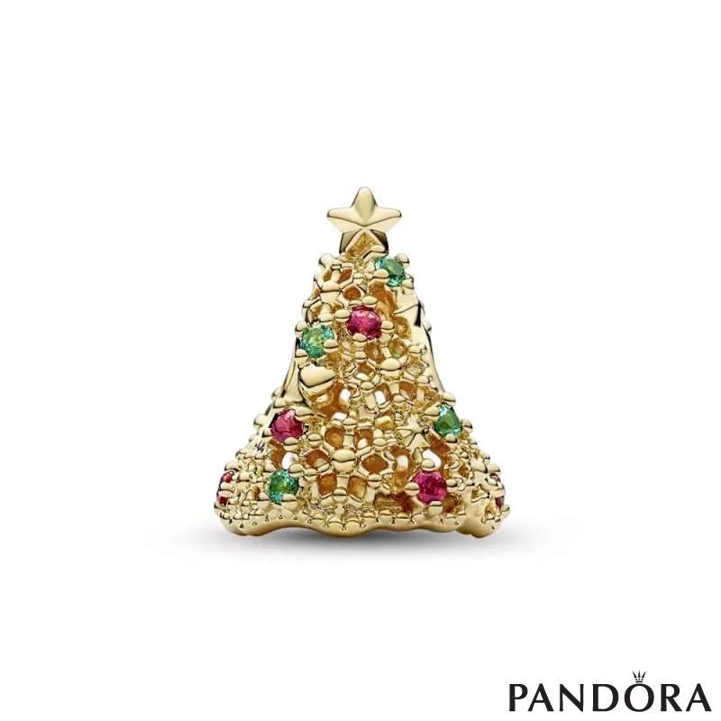 Christmas tree 14k gold-plated charm with aqua green crystal and red cubic zirconia 