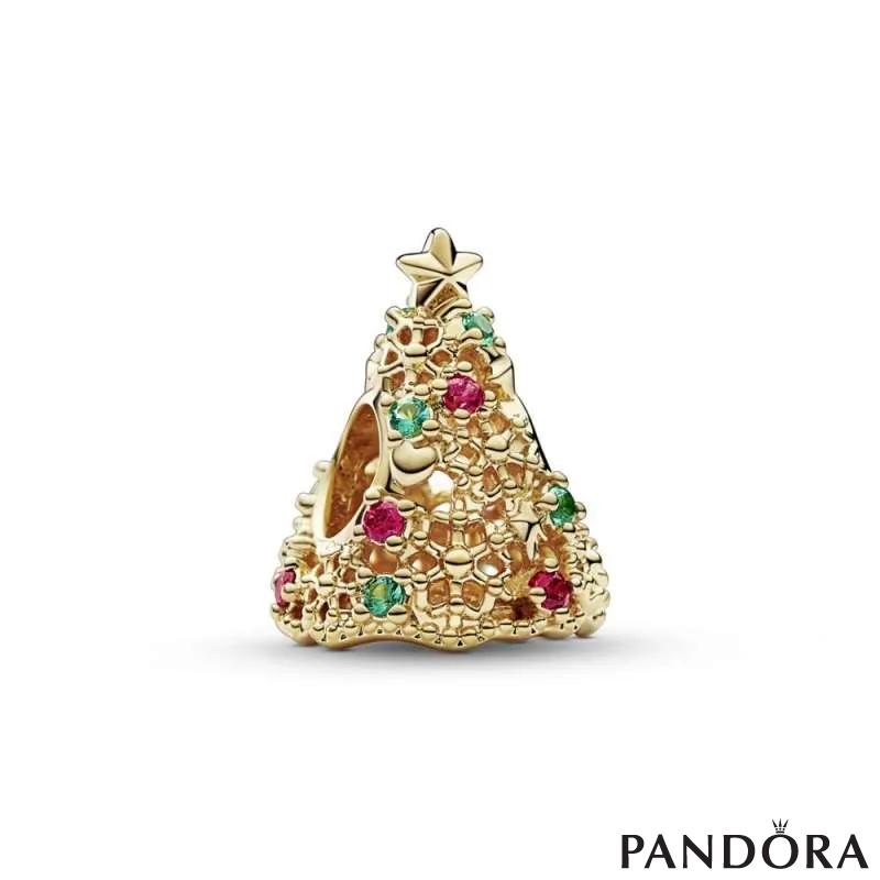 Christmas tree 14k gold-plated charm with aqua green crystal and red cubic zirconia 