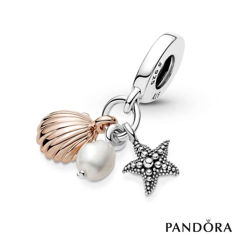 Freshwater Cultured Pearl, Starfish & Shell Triple Dangle Charm