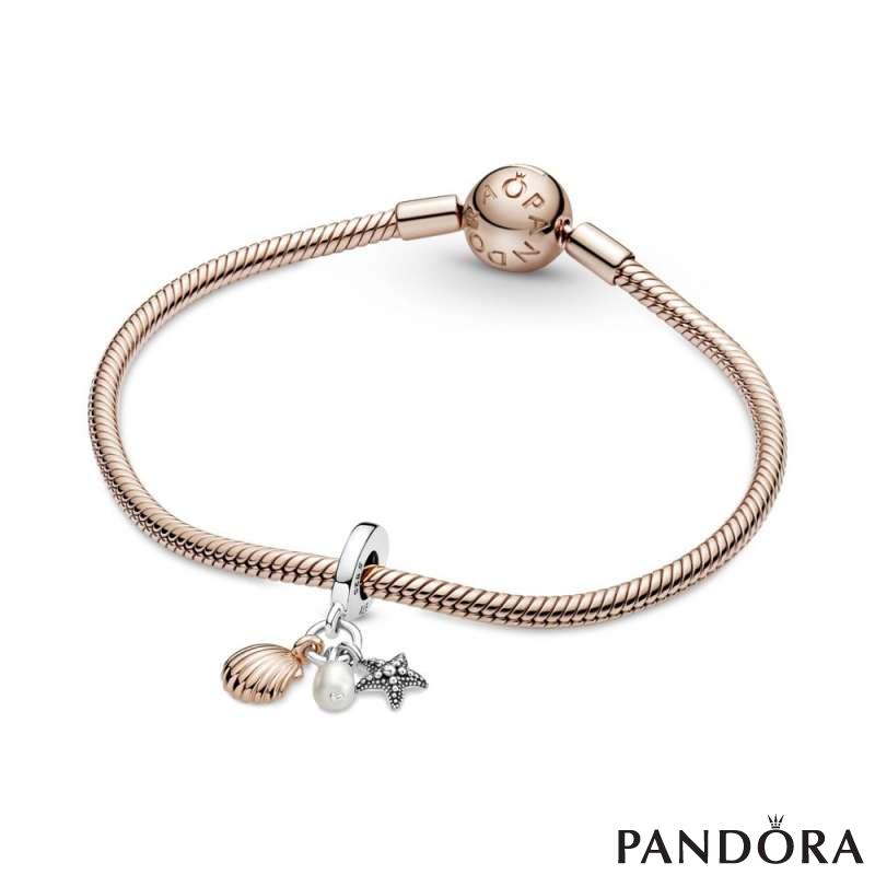 Freshwater Cultured Pearl, Starfish & Shell Triple Dangle Charm