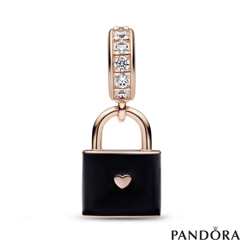 Padlock 14k rose gold-plated dangle with clear cubic zirconia and black enamel 