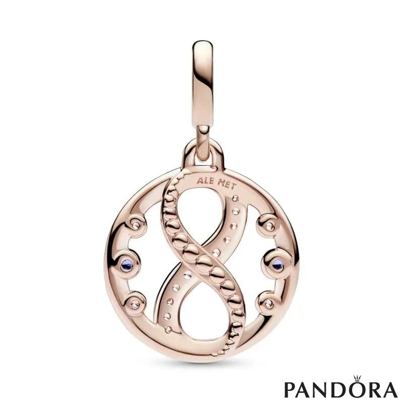 Infinity 14k rose gold-plated medallion with clear cubic zirconia and stellar blue crystal 