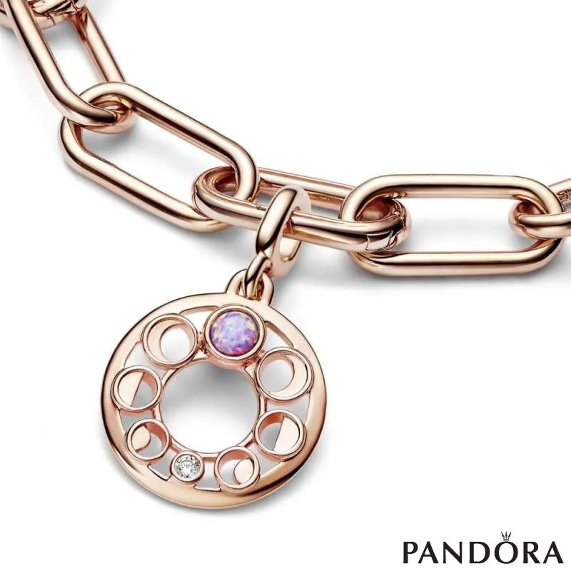 Moon phases 14k rose gold-plated medallion with clear cubic zirconia and pink lab-created opal 
