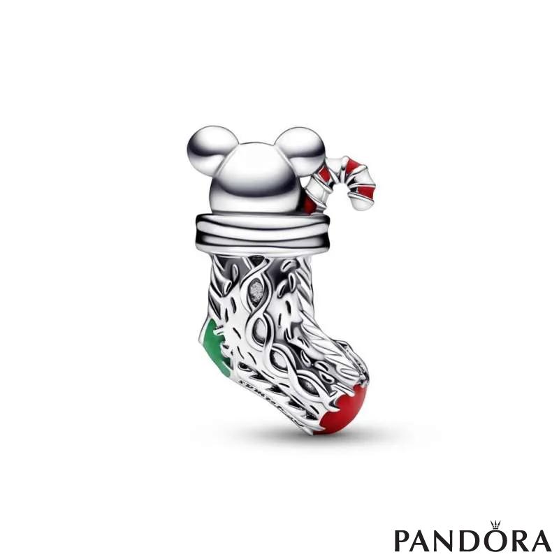 Christmas mouse in a sock sterling silver charm with red, white, dark green and dusty pink enamel 