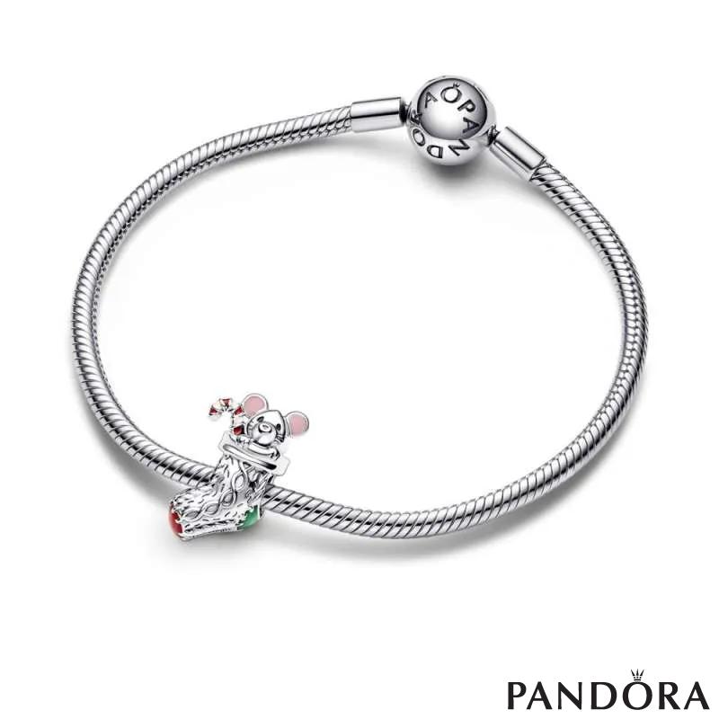 Christmas mouse in a sock sterling silver charm with red, white, dark green and dusty pink enamel 