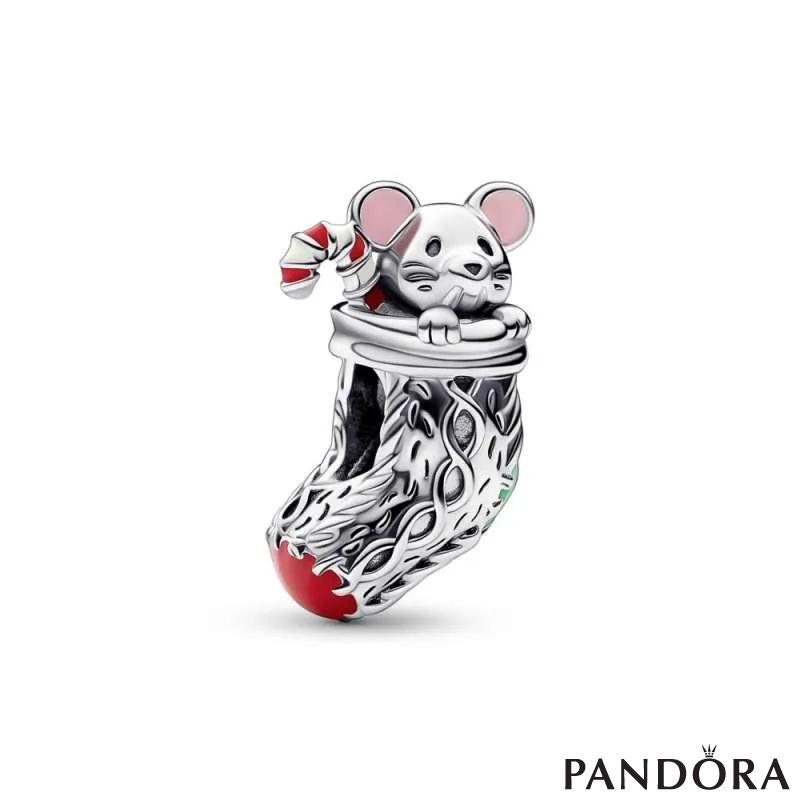 Christmas mouse in a sock sterling silver charm with red, white, dark green and dusty pink enamel 