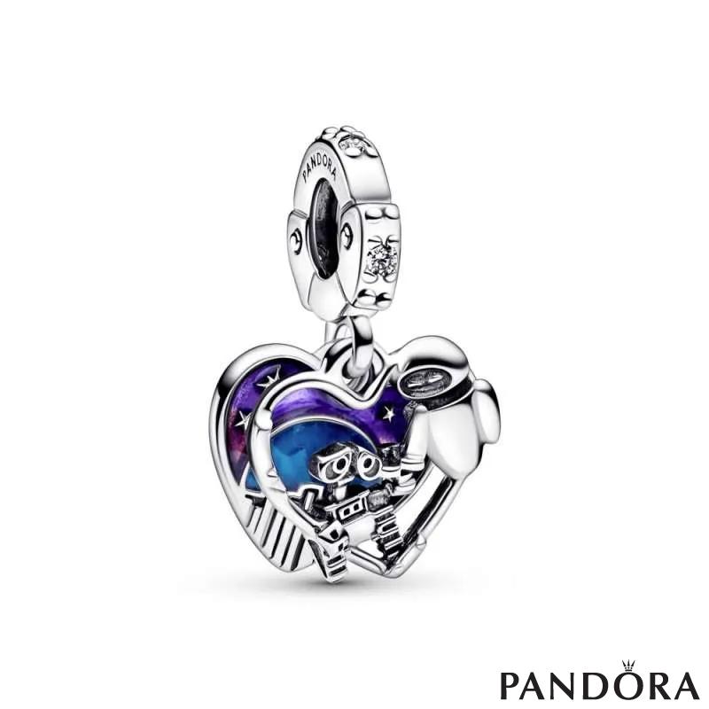 Disney Wall-E and Eve heart sterling silver double dangle with clear cubic zirconia, shaded purple to pink and blue glow in the dark enamel 