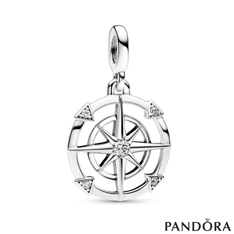 Compass sterling silver medallion with clear cubic zirconia 