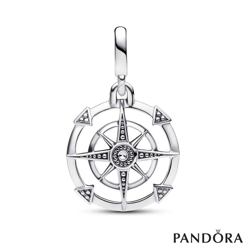 Compass sterling silver medallion with clear cubic zirconia 