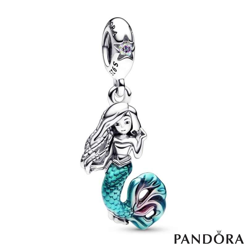 Disney The Little Mermaid Ariel sterling silver dangle with auro borealis clear cubic zirconia, transparent teal and cerise enamel 