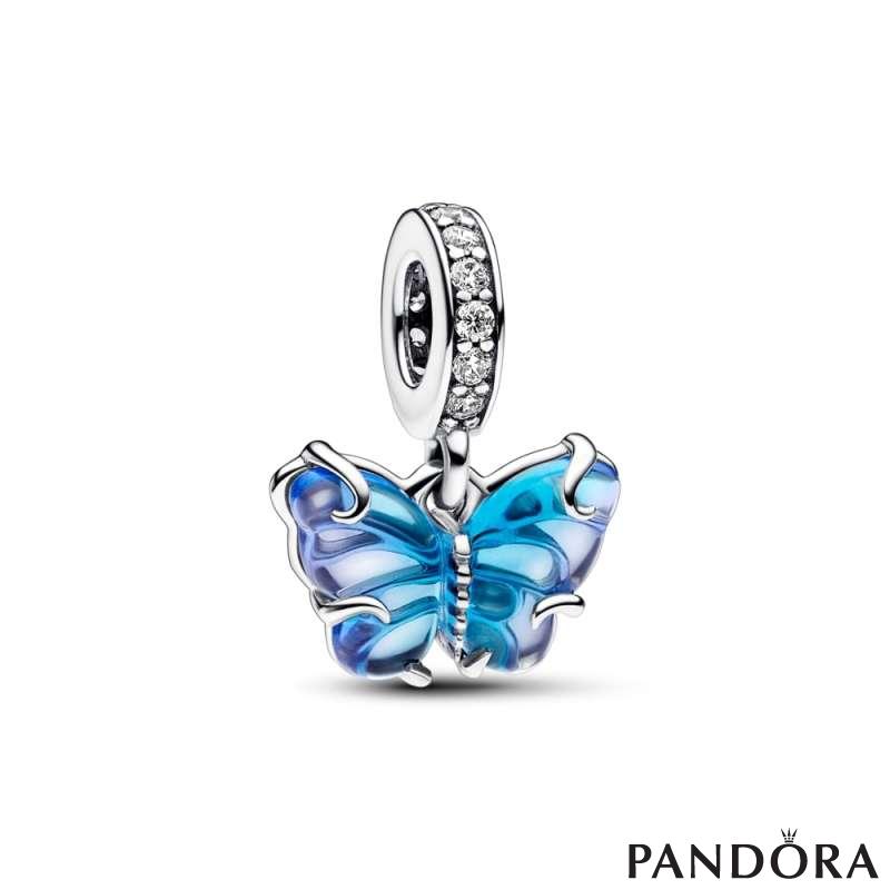 Butterfly sterling silver dangle with bi-colour blue Murano glass and clear cubic zirconia 