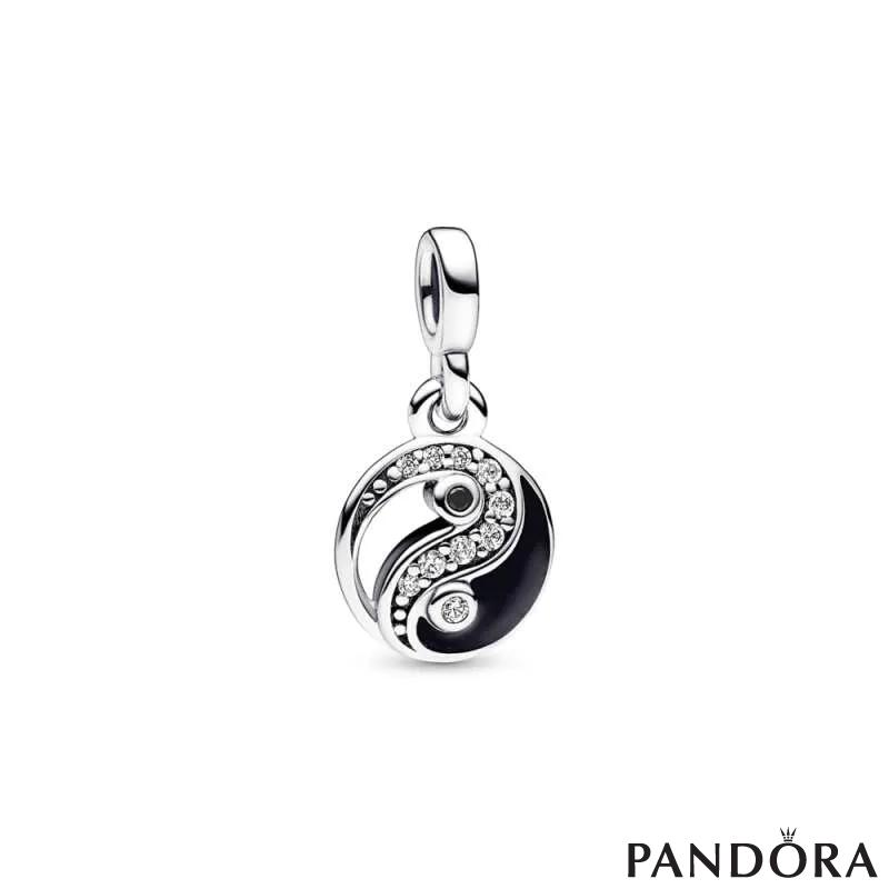 Yin Yang sterling silver mini dangle with clear cubic zirconia, black crystal and black enamel 